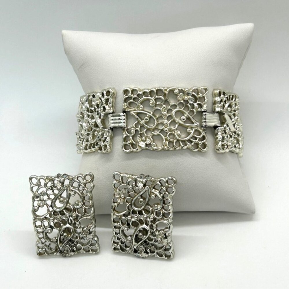 Silver-tone Statement Earring & Bracelet Set Paisley Filigree Panel Design - Picture 2 of 14